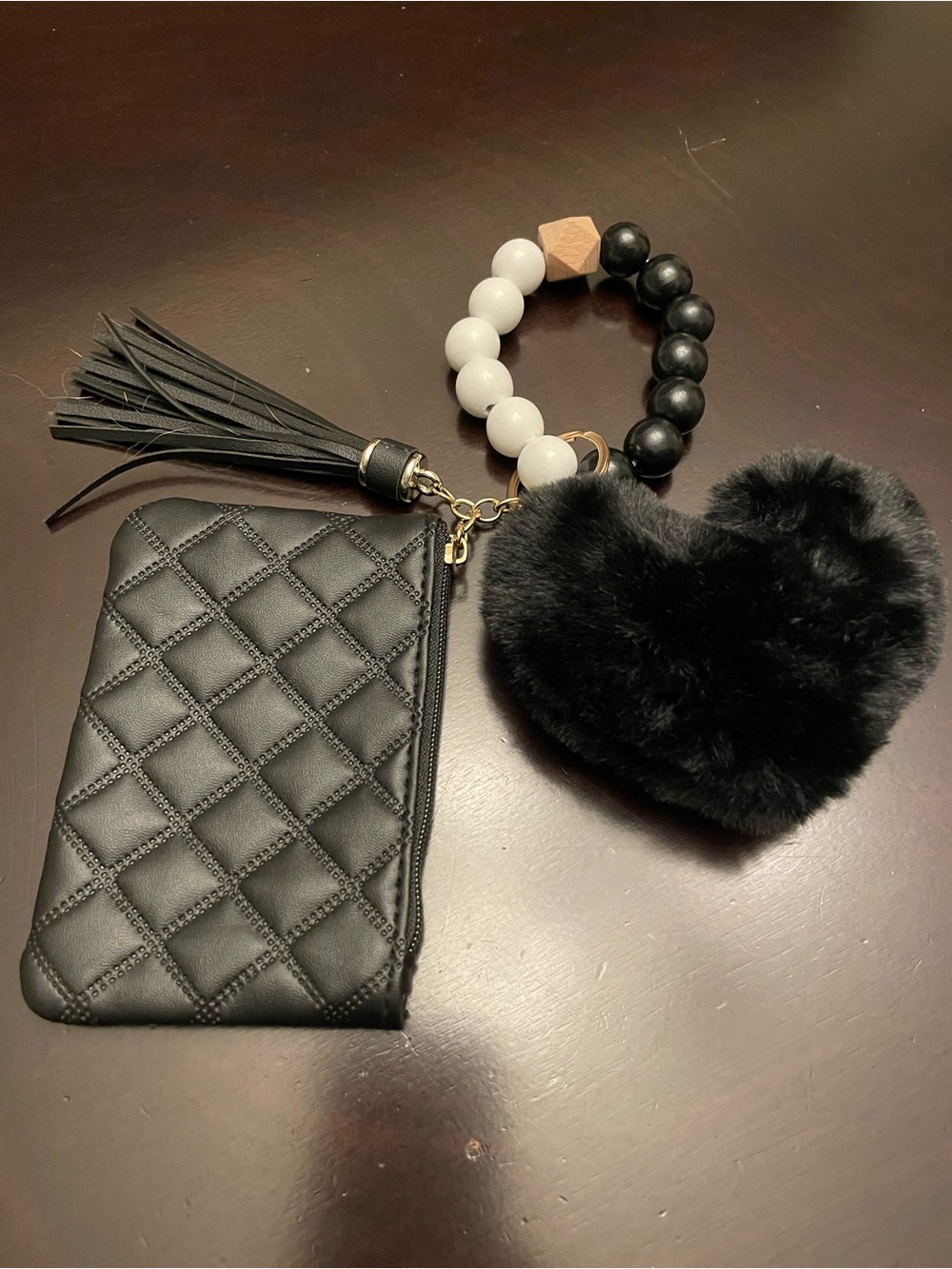 Black Quilted Wristlet Wallet with Faux Fur Heart Charm